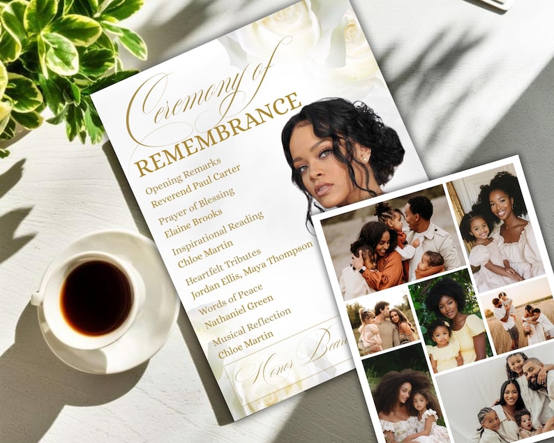 Pode incluir: Um programa de servi&ccedil;o memorial com o t&iacute;tulo "Cerim&oacute;nia de Recorda&ccedil;&atilde;o" em escrita dourada. O programa apresenta uma foto de uma mulher e uma colagem de fotos de fam&iacute;lia. Uma ch&aacute;vena de caf&eacute; num pires est&aacute; em primeiro plano.