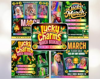 4x March Booking Flyer, Rezerwacje w marcu, Ulotka St. Patricks, March Madness, Marzec Hair, Warkocze, Paznokcie, Rzęsy, Mua, Peruka Instaall, Ulotka Booking