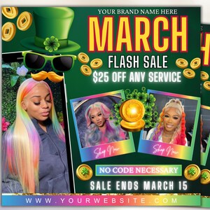 Könnte beinhalten: Ein grüner und goldener Werbeflyer mit einem Koboldhut und einer Sonnenbrille. Der Text lautet "March Flash Sale 25€ Rabatt auf alle Dienstleistungen". Der Verkauf endet am 15. März. Kein Code erforderlich. Die Website ist www.yourwebsite.com.