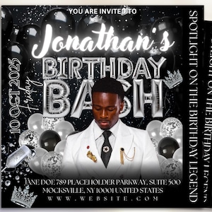 Puede incluir: Una invitación de cumpleaños en blanco y negro con el texto "Jonathan's Birthday Bash". La invitación presenta a un hombre con traje blanco, globos y la fecha "10 OCT 2025 Friday". También están las palabras "Spotlight on the Birthday Legend".