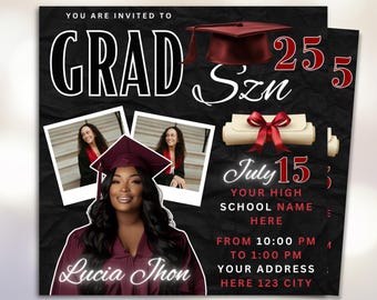 Plantilla editable de Canva para volante de graduación, fiesta de graduación, invitación de graduación de Canva, volante de la clase de 2025, anuncio de graduación de último año
