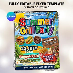 Puede incluir: Un folleto para una fiesta de verano con el texto "Summer Grill Party" en colores brillantes. El folleto incluye imágenes de una hamburguesa, un perrito caliente y costillas. La fecha es "22 de julio de 2022", y el lugar es "Fauget Park".