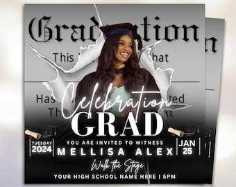 Flyer de formatura, Flyer de festa de formatura, Convite de formatura, Decisão da faculdade, Flyer da turma de 2025, Anúncio de formatura, Canva editável