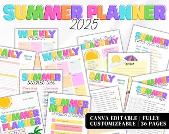 Paquete de planificador de VERANO 2025 editable e imprimible / Calendario de verano / Lista de verificación de verano / Cuadro de tareas de verano / Planificador de verano / Cuadro de tareas para niños