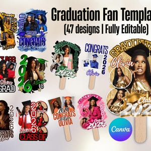 May include: A collection of graduation fan templates with various designs. Each fan features a photo, the graduate's name, and the year 2026. The fans have different color schemes and include the words "Congrats," "Class of," and "Graduation."