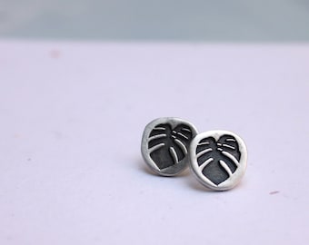 Sterling Silver Monstera Stud Earrings | Oxidized 925 Silver Botanical Leaf Studs | Minimal Handmade Jewelry