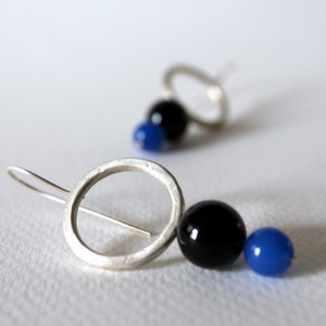 Prue, sterling silver, blue agate, black onyx, dangle earrings image 2