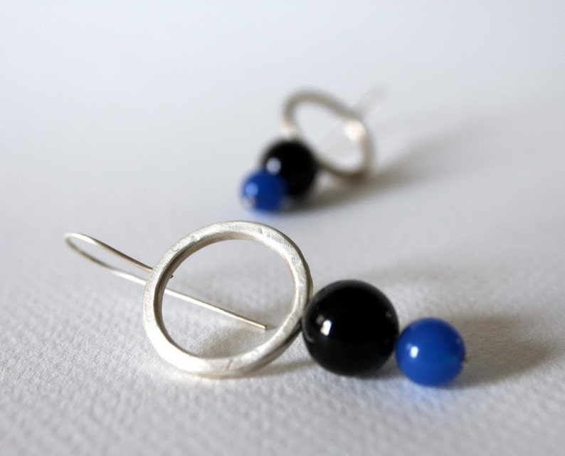Prue, sterling silver, blue agate, black onyx, dangle earrings image 2
