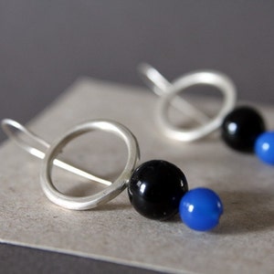 Prue, sterling silver, blue agate, black onyx, dangle earrings image 3