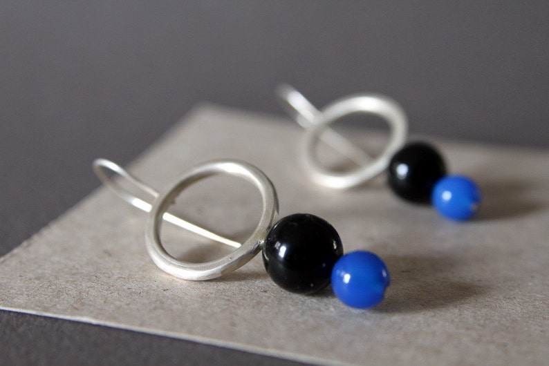 Prue, sterling silver, blue agate, black onyx, dangle earrings image 3