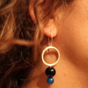 Prue, sterling silver, blue agate, black onyx, dangle earrings image 5