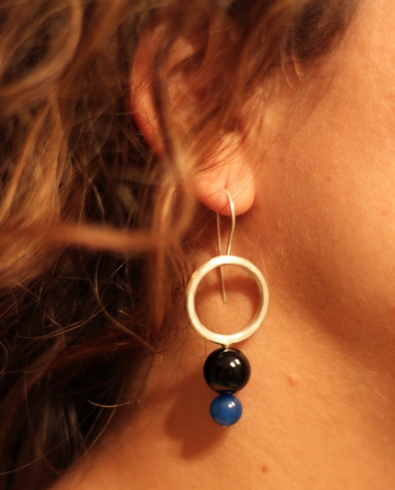 Prue, sterling silver, blue agate, black onyx, dangle earrings image 5