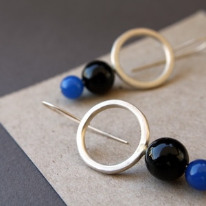 Prue, sterling silver, blue agate, black onyx, dangle earrings