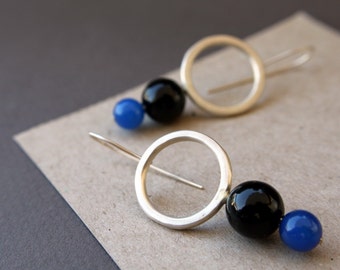 Prue, sterling silver, blue agate, black onyx, dangle earrings