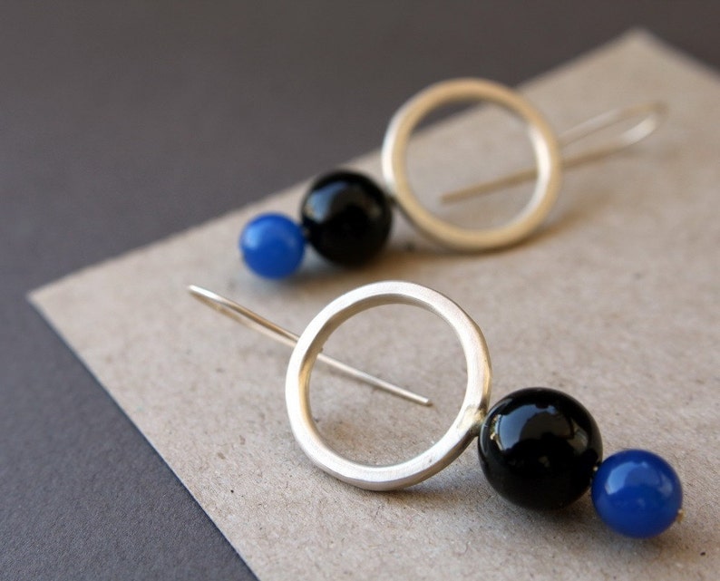 Prue, sterling silver, blue agate, black onyx, dangle earrings image 1