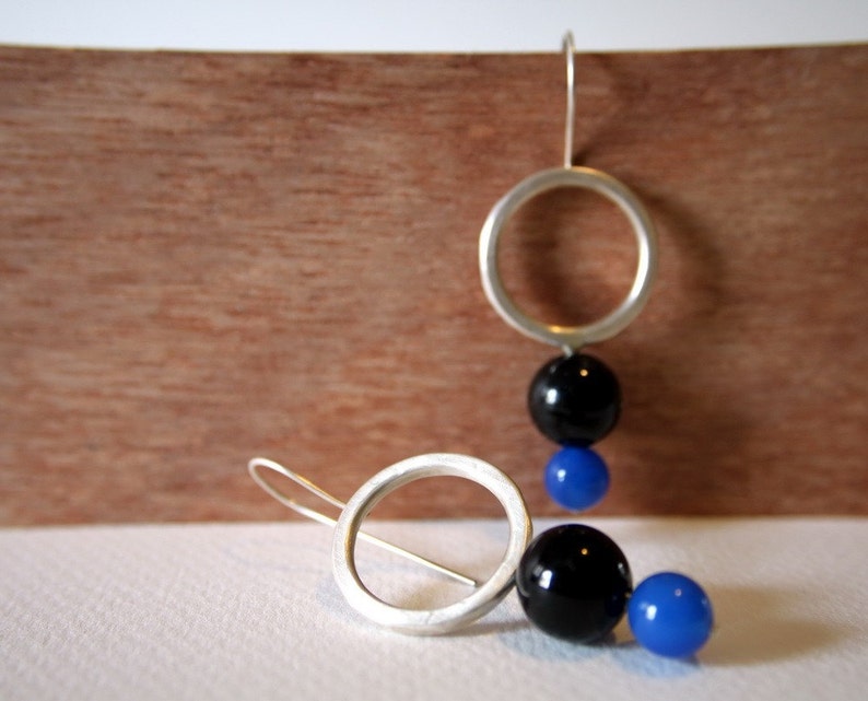 Prue, sterling silver, blue agate, black onyx, dangle earrings image 4