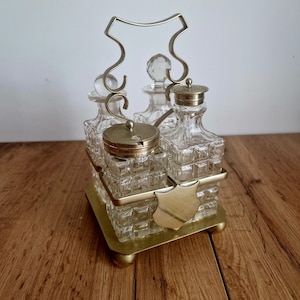 Vintage Cruet Set with Cut Glass Bottles & F.P.N.S. Plated Stand – Antique Condiment Holder – Tableware Decor