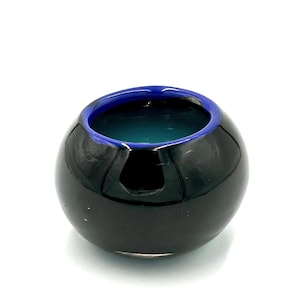 Transparent Deep Teal Glass Bowl with Lapis Blue Lip Wrap.  Hand Blown Glass Potpourri Bowl.