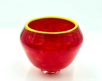 Hand Blown Glass Bowl in Vivid Semi-Translucent Red.  Vibrant Summer Decor.