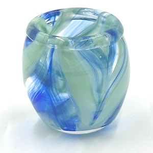 Blue and Aqua Hand Blown Glass Vase with Feathered Pattern.  Beach Decor.