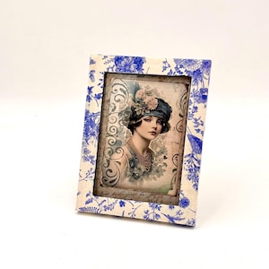 Chinoiserie Picture Frame: Delft Blue Floral Decoupage - 4x6 Photo