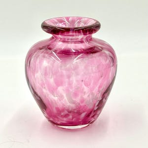 Vivid Pink Hand Blown Glass Vase with White Accents.  Unique Valentine’s Day Gift.