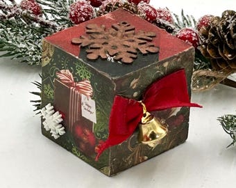 Farmhouse Christmas Wooden Block Tiered Tray Decoration.  Rustic Shelf Sitter with Rusty Metal Snowflake.