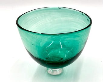 Teal Green Footed Bowl with Subtle Spiral: Hand Blown Glass Art.