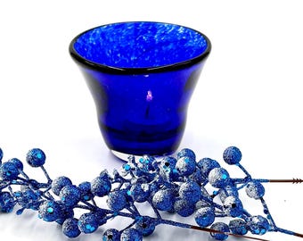 Hand Blown Blown Glass Votive:  Vivid Dark  Blue Candle Holder.