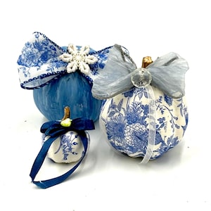 Trio of Blue Chinoiserie Pumpkins with Bows, Vintage Button.