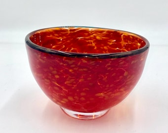 Deep Red Hand Blown Glass Bowl with Black Rim.  Vibrant Summer Decor.