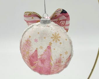 ピンククリスマスデコパージュ ピンクのサンタクロースのクリスマスイメージ デコパージュ木製