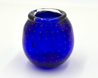 Hand Blown Blown Glass Votive with Bubbles: Vivid Dark Blue Candle Holder.
