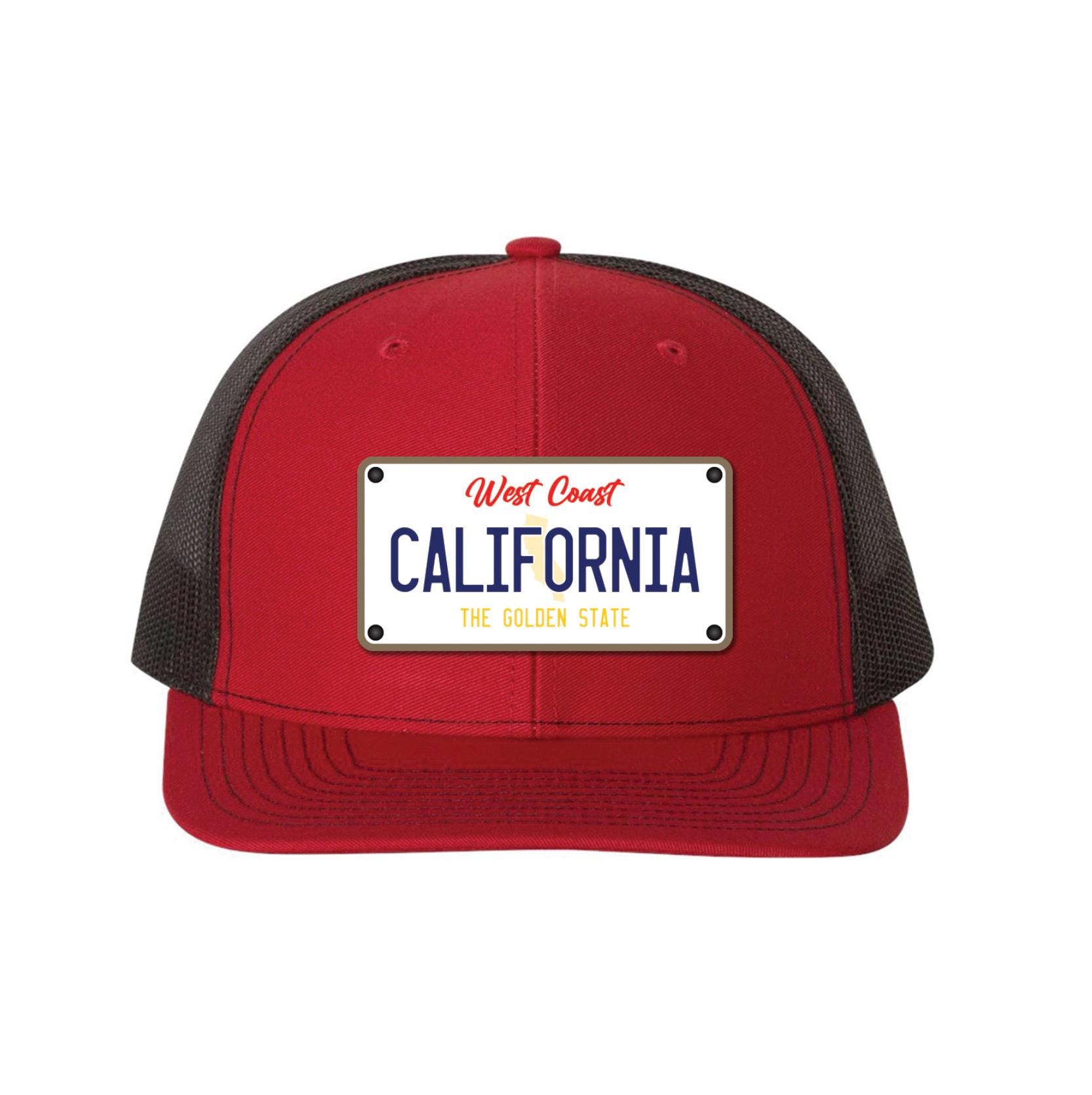 California License Plate Leather Patch Cap, Custom Leather Patch, Trucker Cap, Trucker Hat, Outdoorsman’s Hat.