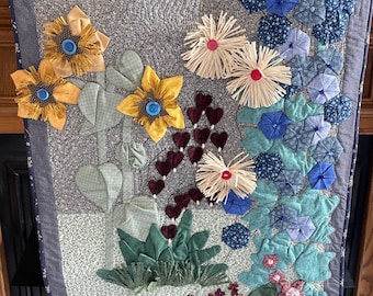 Vintage Hand Quilted, Hand Embroidered Floral Wall Hanging ~ Signed ~ sunflowers and bleeding hearts+