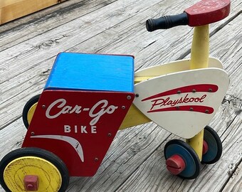 Vintage Playskool Car-Go Bike Wooden Ride on Push Toy