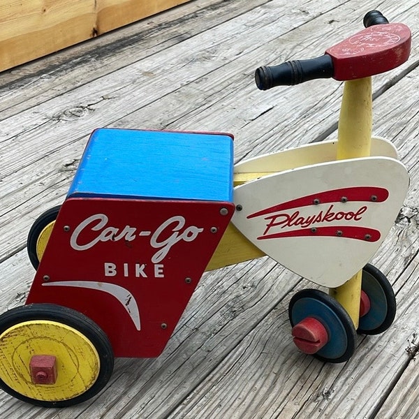 Vintage Playskool Car-Go Bike Wooden Ride on Push Toy