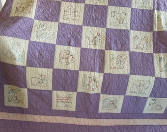 Vintage hand embroidered hand quilted Farm Life Quilt