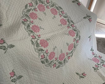 Vintage Hand Embroidered Hand Quilted Pink and White Roses Quilt with Scalloped Edge