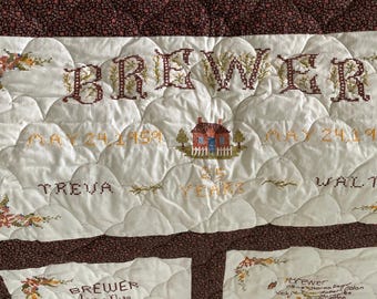 Vintage Hand Embroidered Brewer Family Quilt ~ 1984