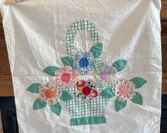 10 vintage/antique? hand appliqued flower basket QUILT BLOCKS
