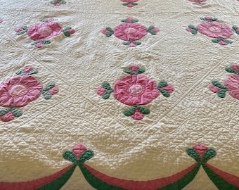 Vintage Hand Appliqued Hand Quilted Pink and Green Quilt with flowers and scallops