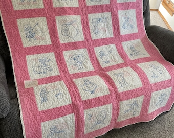 Vintage Hand Embroidered Hand Quilted Nursery Rhymes Baby Quilt from 1938