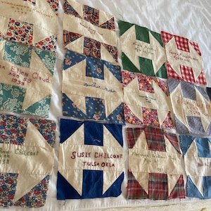 May include: A collection of vintage quilt blocks, each featuring a star pattern with floral, paisley, and solid fabric accents. Handwritten names and dates are embroidered on the blocks, showcasing a piece of history.