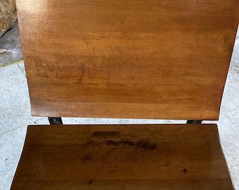 ANTIQUE wood and cast iron child's fold up bench school desk with inkwell