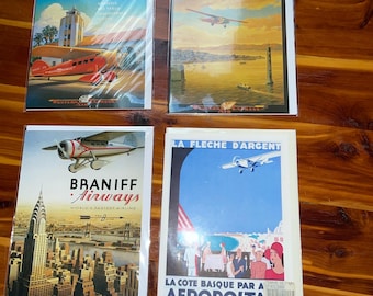 4 Vintage Flight Blank Greeting Cards ~ Braniff, Western Air Express+
