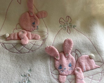 Vintage baby blanket with little pink bunnies and hand embroidery