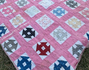 Vintage Hand Tied Churn Dash Quilt