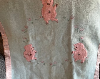 Vintage hand appliqued hand embroidered Three Little Pigs baby blanket