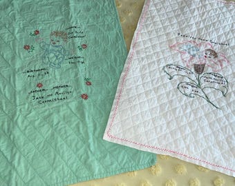 2 Vintage Hand Embroidered Personalized Baby Quilts from 1962 and 1967 ~ Texas